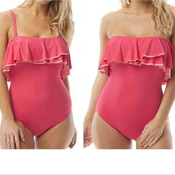 Coco Reef Other - Coco Reef Contours 38C/14‎ Pink Ruffle Strapless Tummy-Control Swimsuit a236
